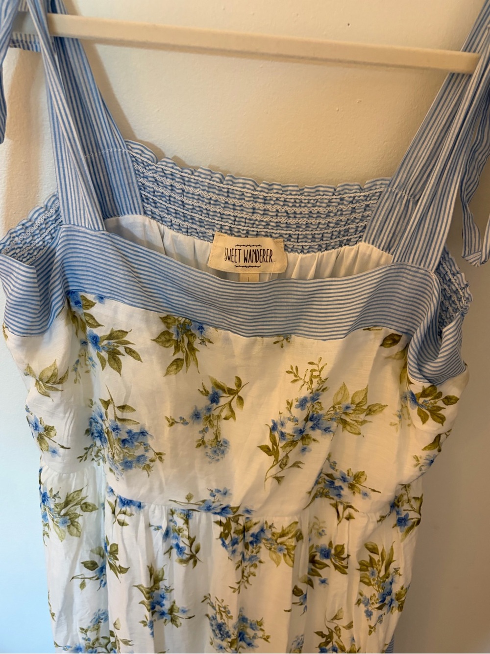 Sweet Wanderer White Maxi Dress with Blue Floral Print